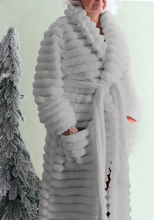 Ribbed Luxe Plush Robe Light Grey