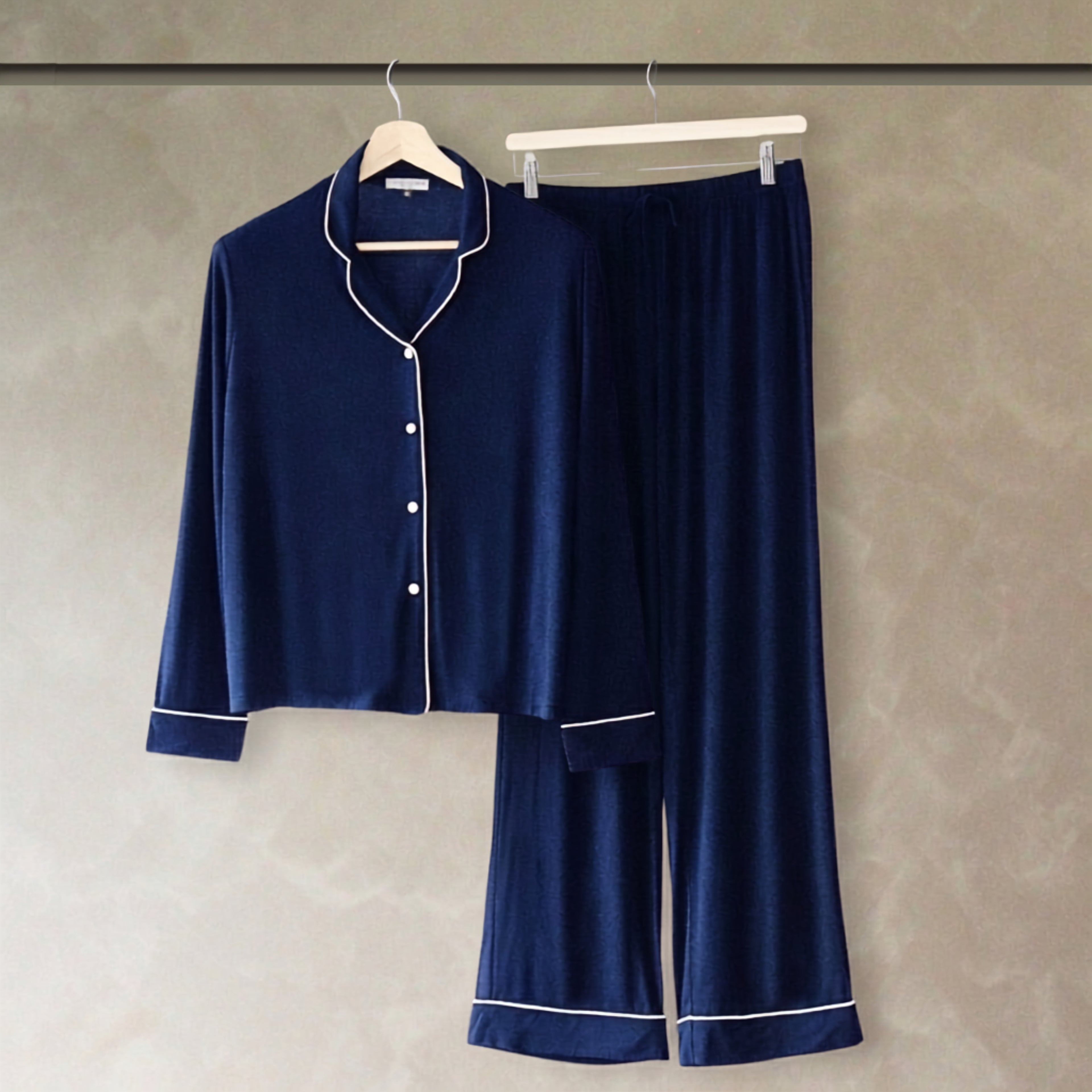 Classic Piped Viscose Knit Women's Pajamas - Navy
