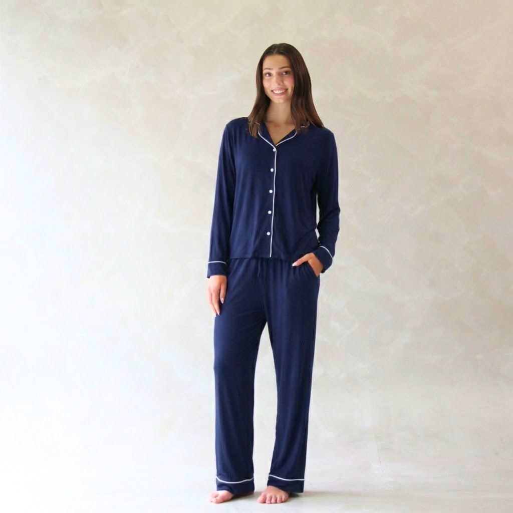 Classic Piped Viscose Knit Women's Pajamas - Navy