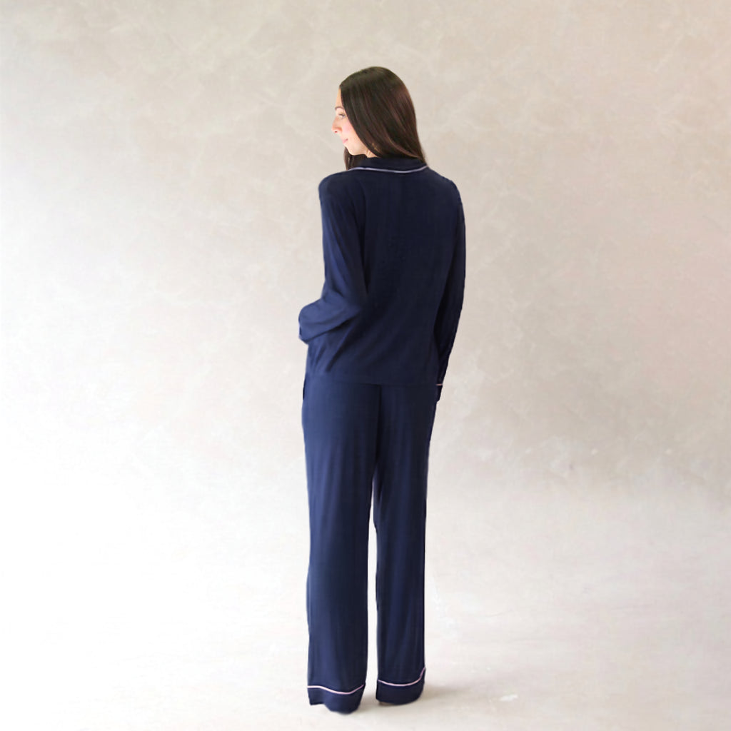 Classic Piped Viscose Knit Women's Pajamas - Navy