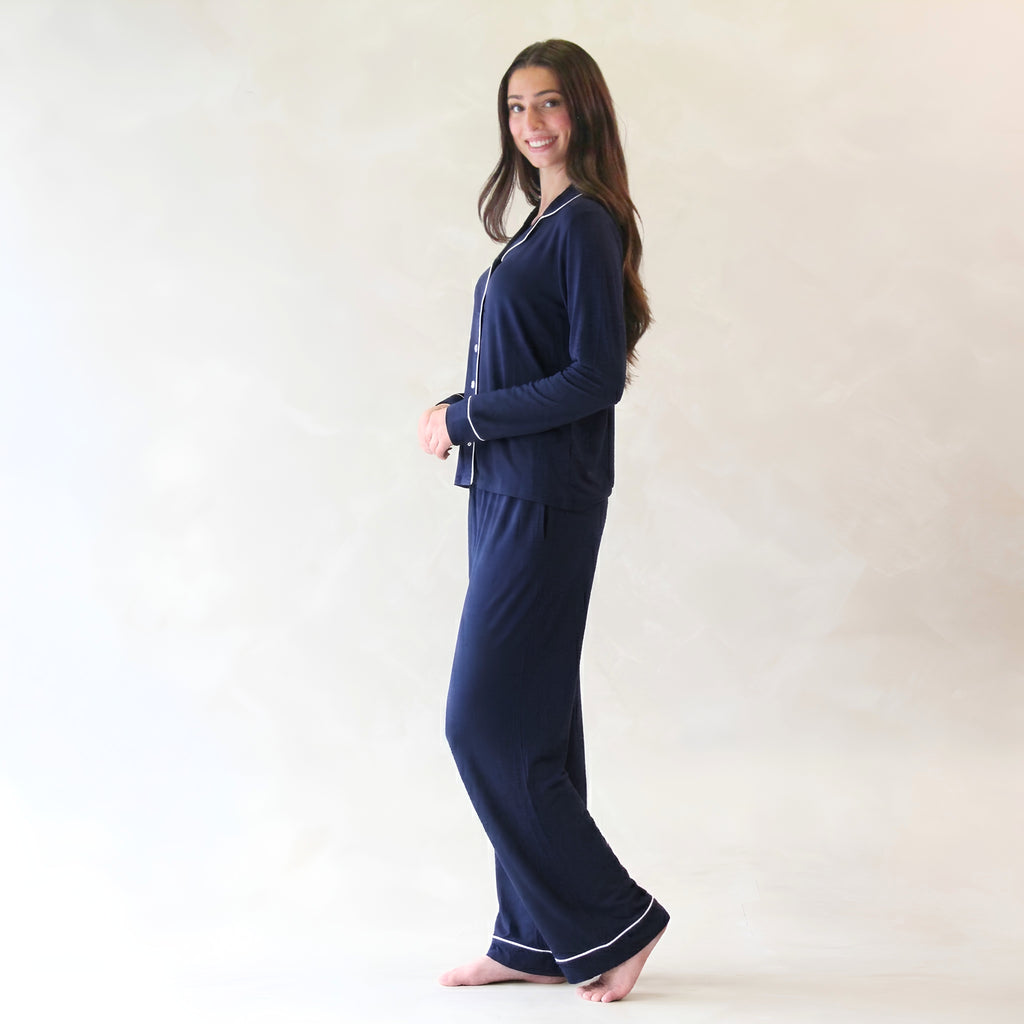 Classic Piped Viscose Knit Women's Pajamas - Navy