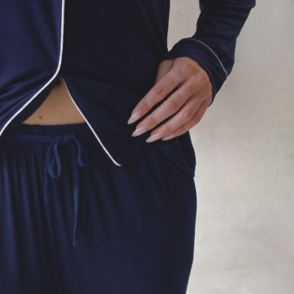 Classic Piped Viscose Knit Women's Pajamas - Navy