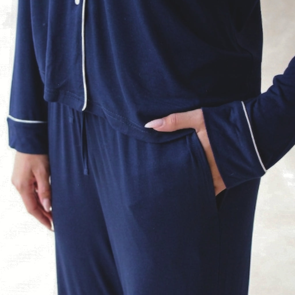 Classic Piped Viscose Knit Women's Pajamas - Navy