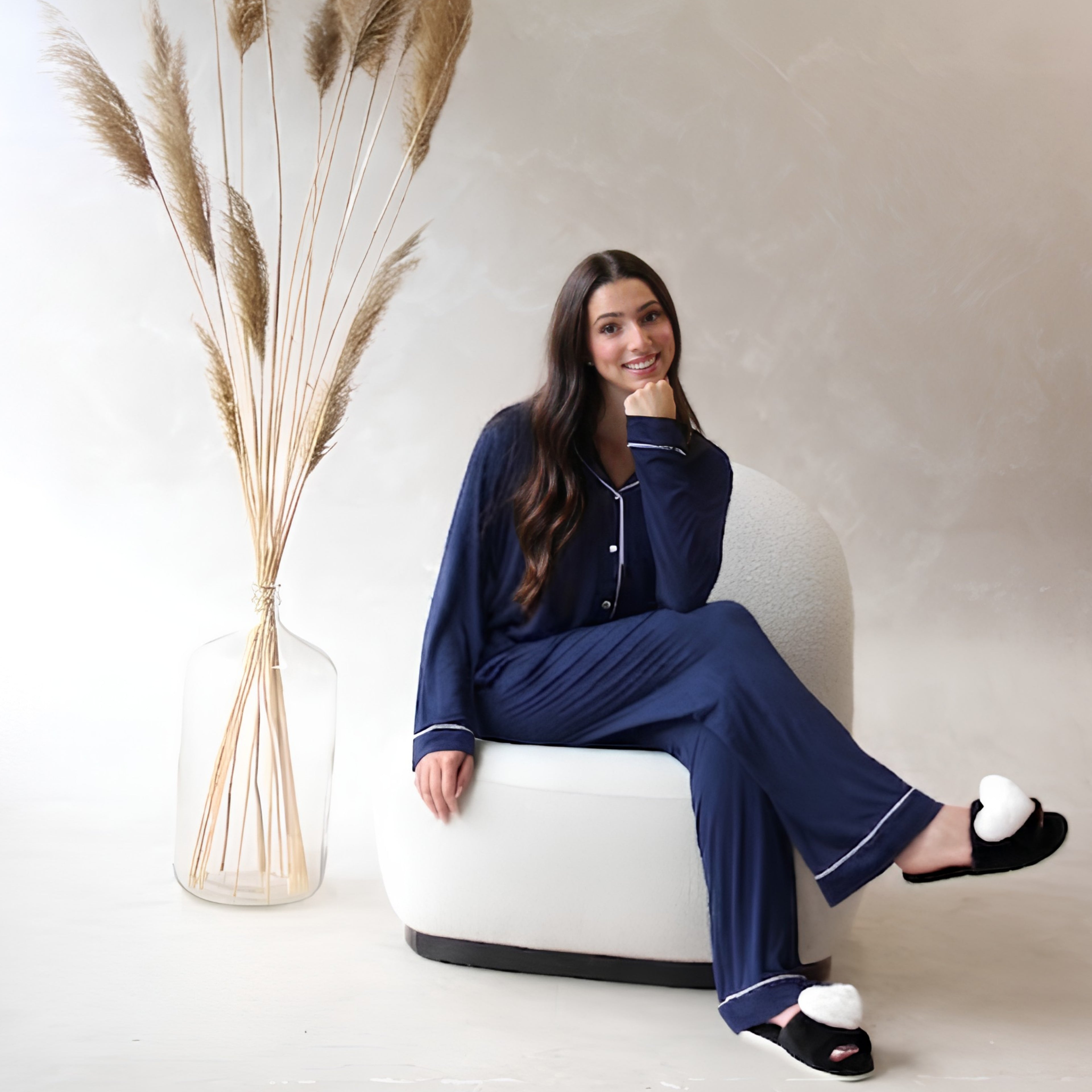 Classic Piped Viscose Knit Women's Pajamas - Navy