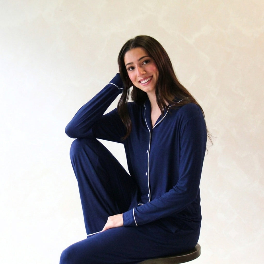 Classic Piped Viscose Knit Women's Pajamas - Navy
