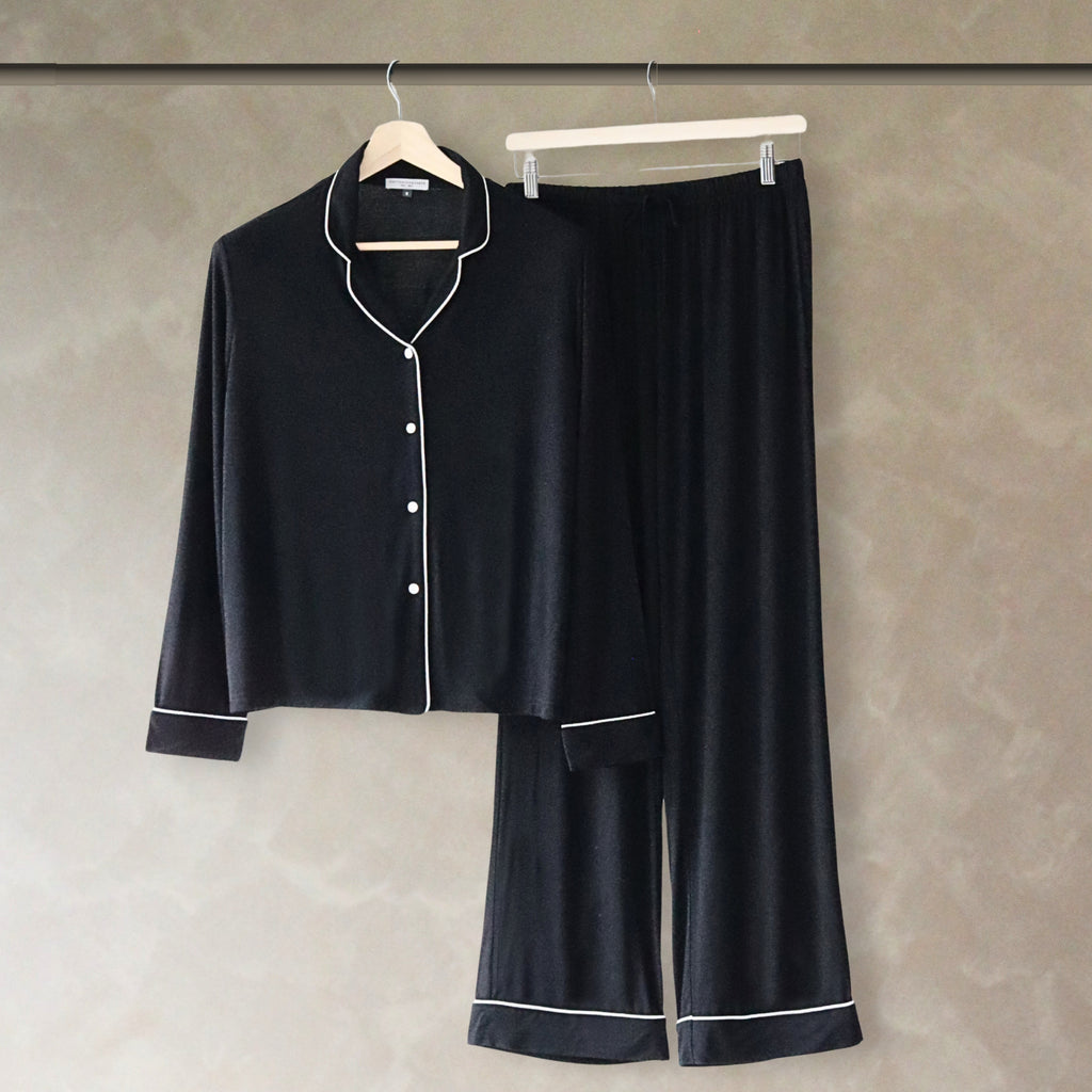 Classic Piped Viscose Knit Women's Pajamas -Black