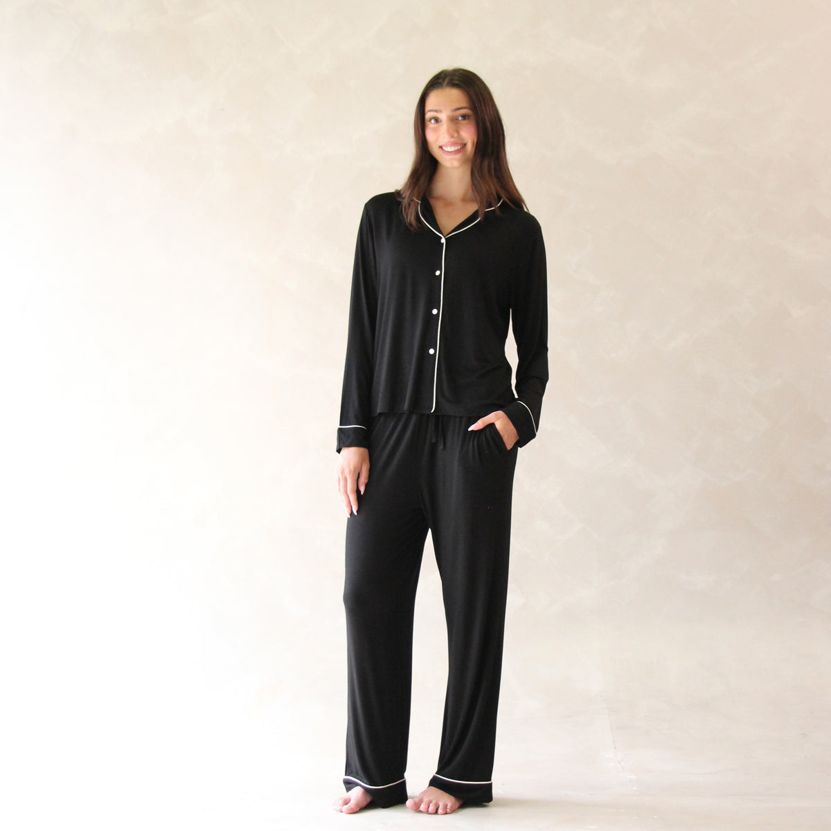 Classic Piped Viscose Knit Women's Pajamas -Black