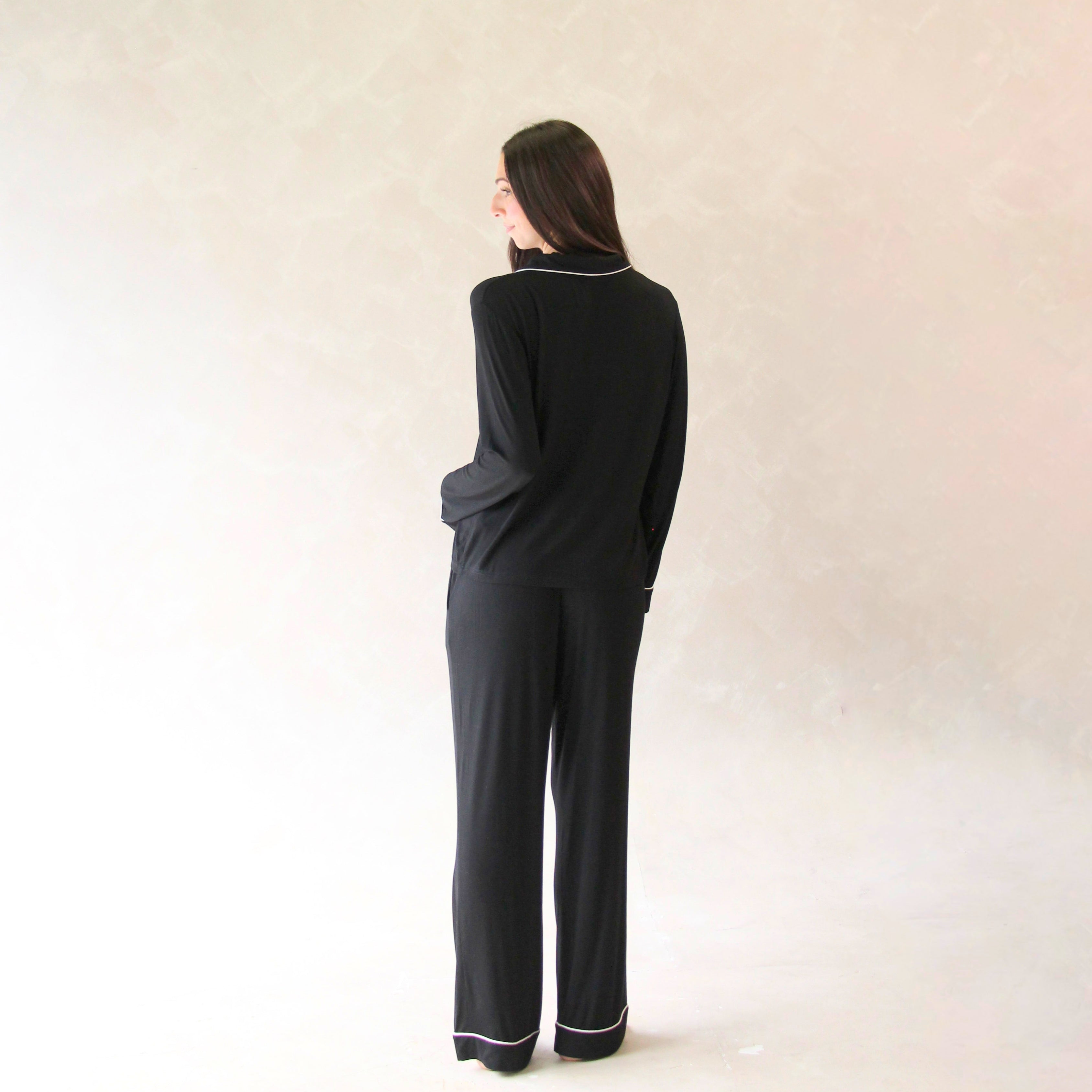 Classic Piped Viscose Knit Women's Pajamas -Black