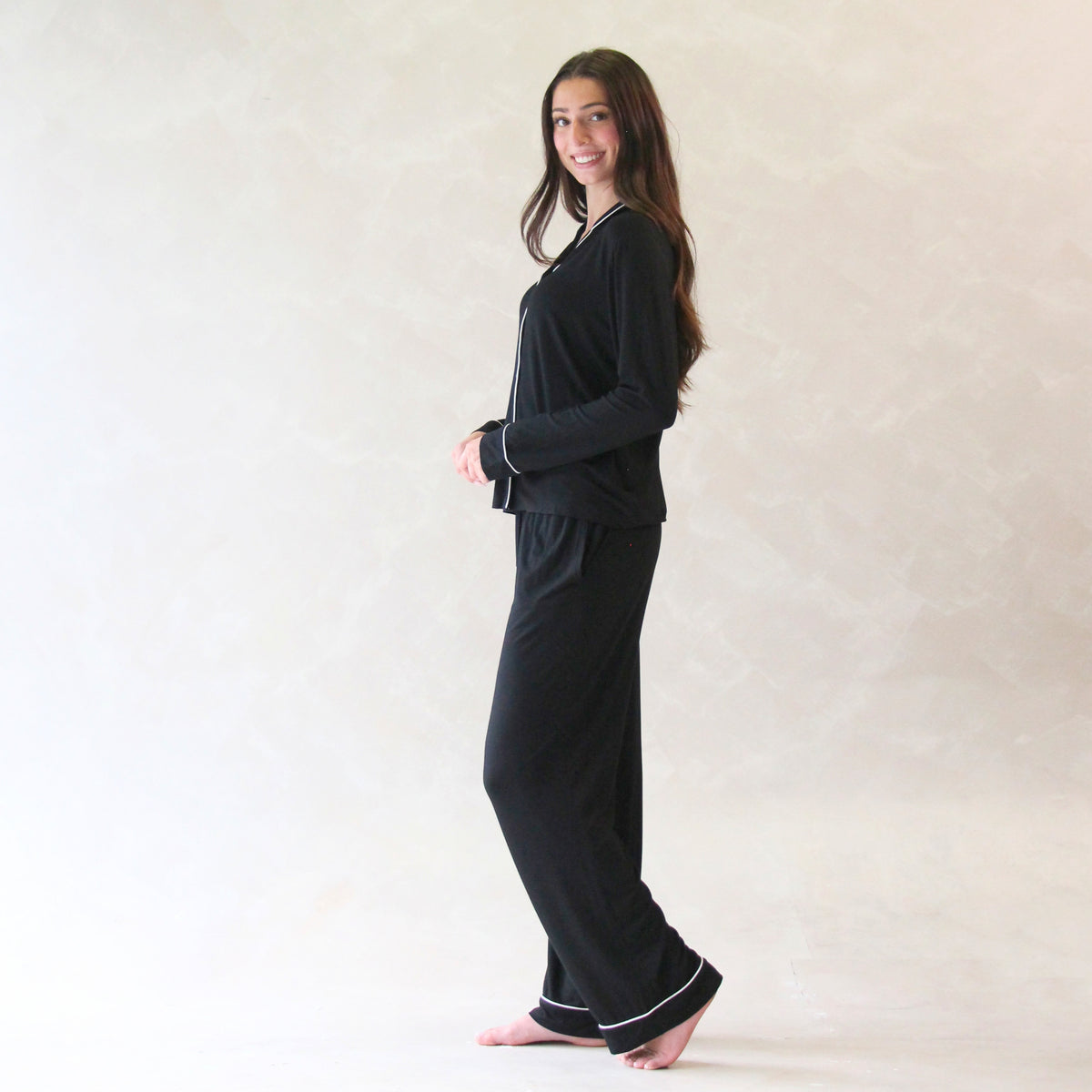 Classic Piped Viscose Knit Women's Pajamas -Black