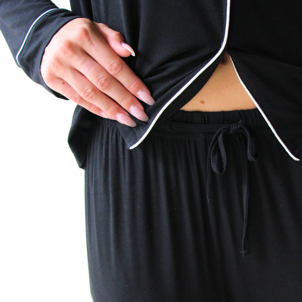 Classic Piped Viscose Knit Women's Pajamas -Black