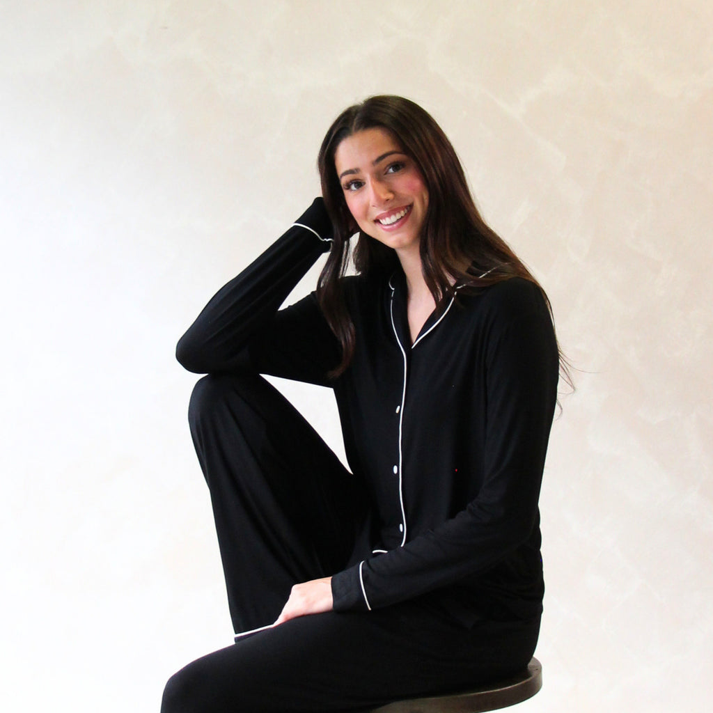 Classic Piped Viscose Knit Women's Pajamas -Black