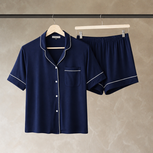 Classic Piped Viscose Knit Women's Short Pajamas Navy