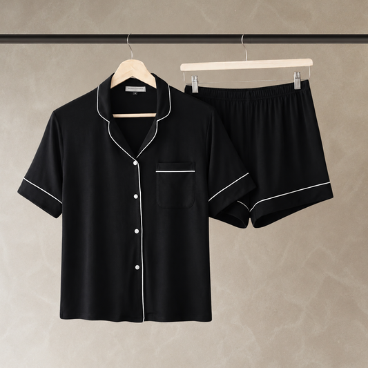 Classic Piped Viscose Knit Women's Short Pajamas Black
