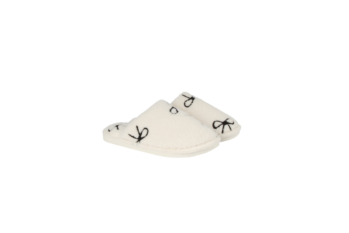 Textured Bow Plush Slippers 12Pk Cream