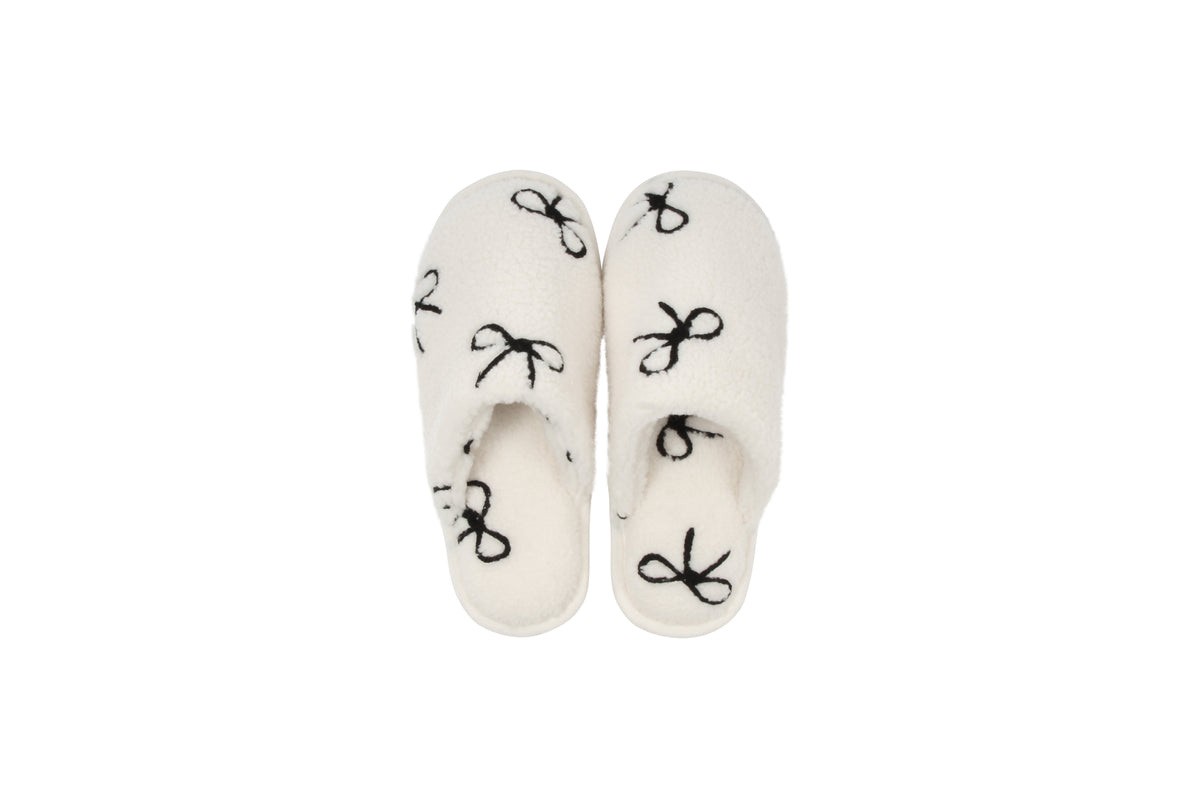 Textured Bow Plush Slippers 12Pk Cream