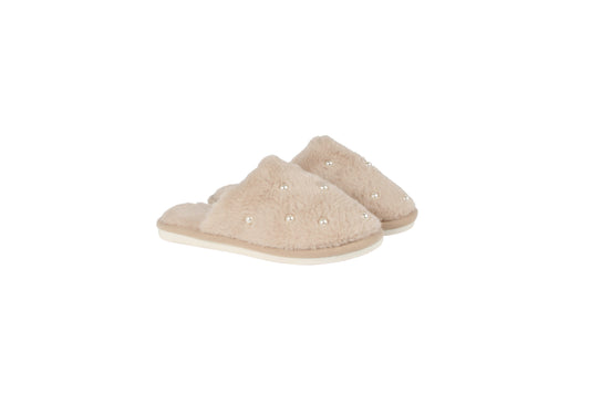 Pearl Accent Plush Slippers 12Pk Tan